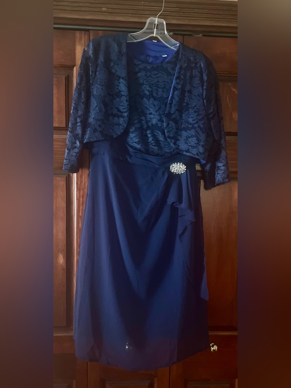 Navy Lace Overlay Evening Dress with Brooch Accent Medium